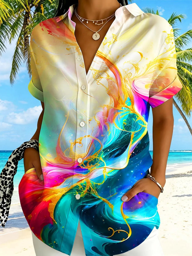 Adaychic Blue Abstract Fluid Swirl Print Matching Couple Short Sleeve Button Down Shirts
