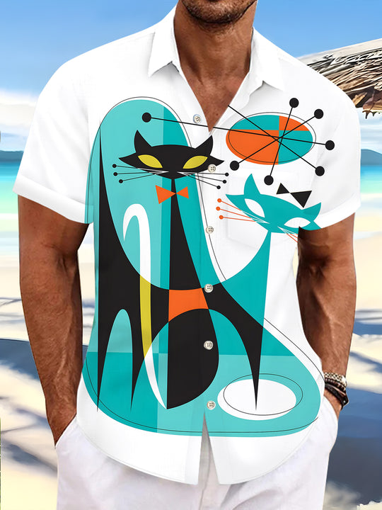 Men's basic cat print pocket short sleeve shirt front view
