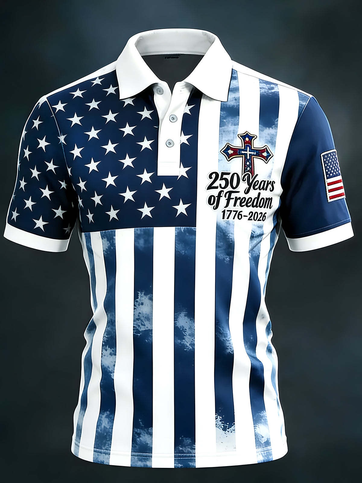 Men's short sleeve American flag print retro polo shirt front view Independence Day