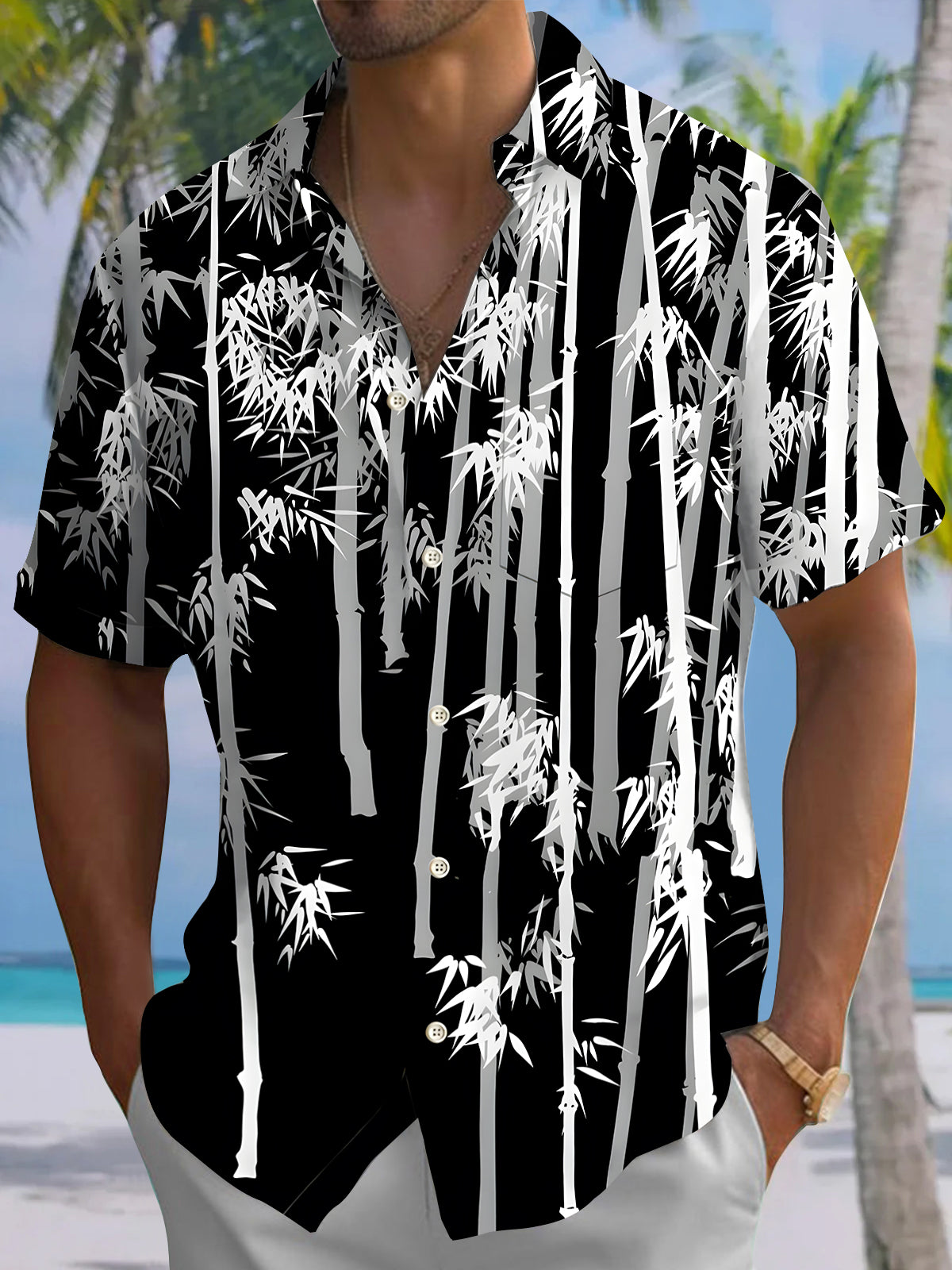 men's Hawaiian shirt front view tropical beach vacation