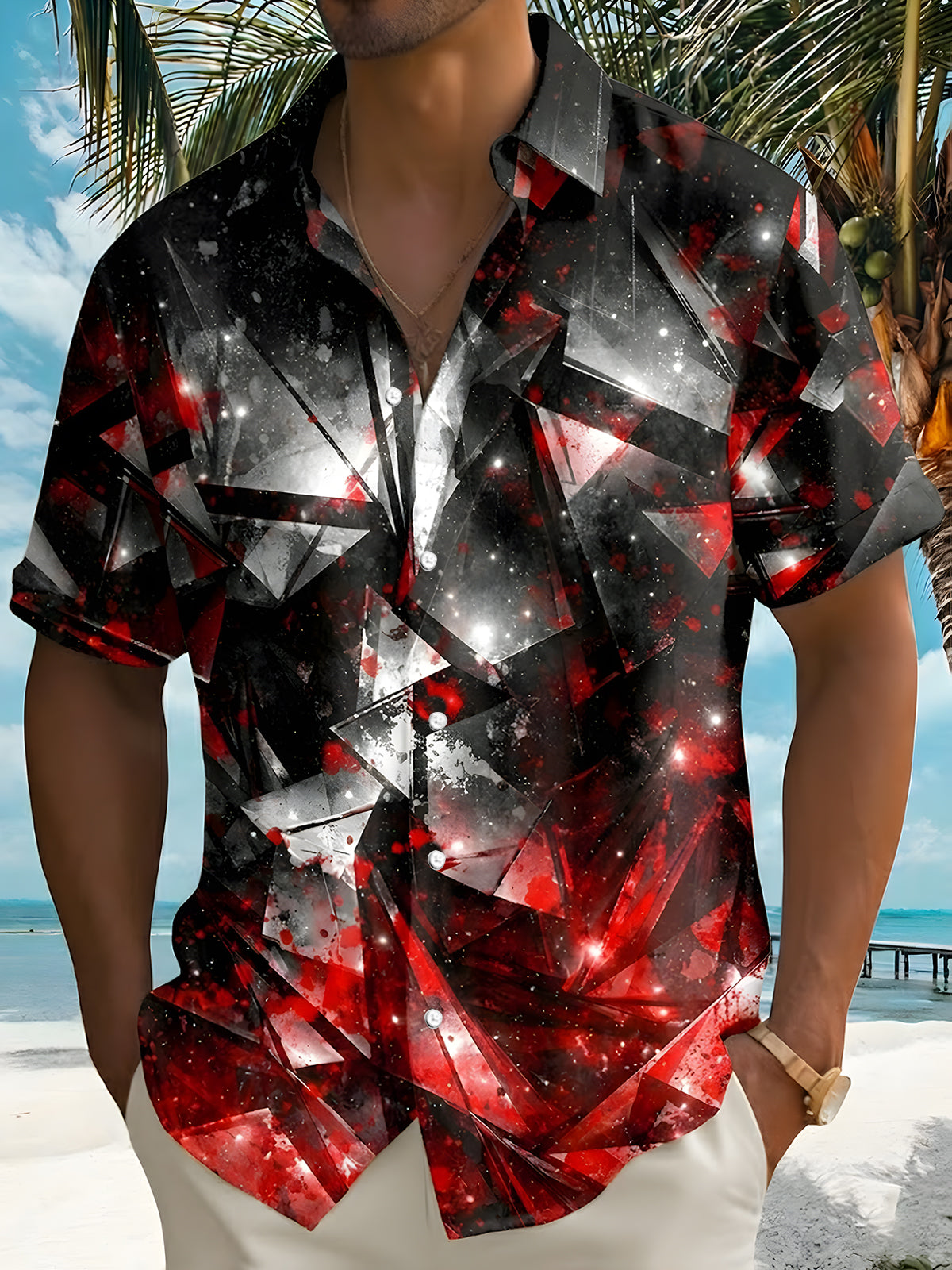 men's Hawaiian shirt front view tropical beach vacation