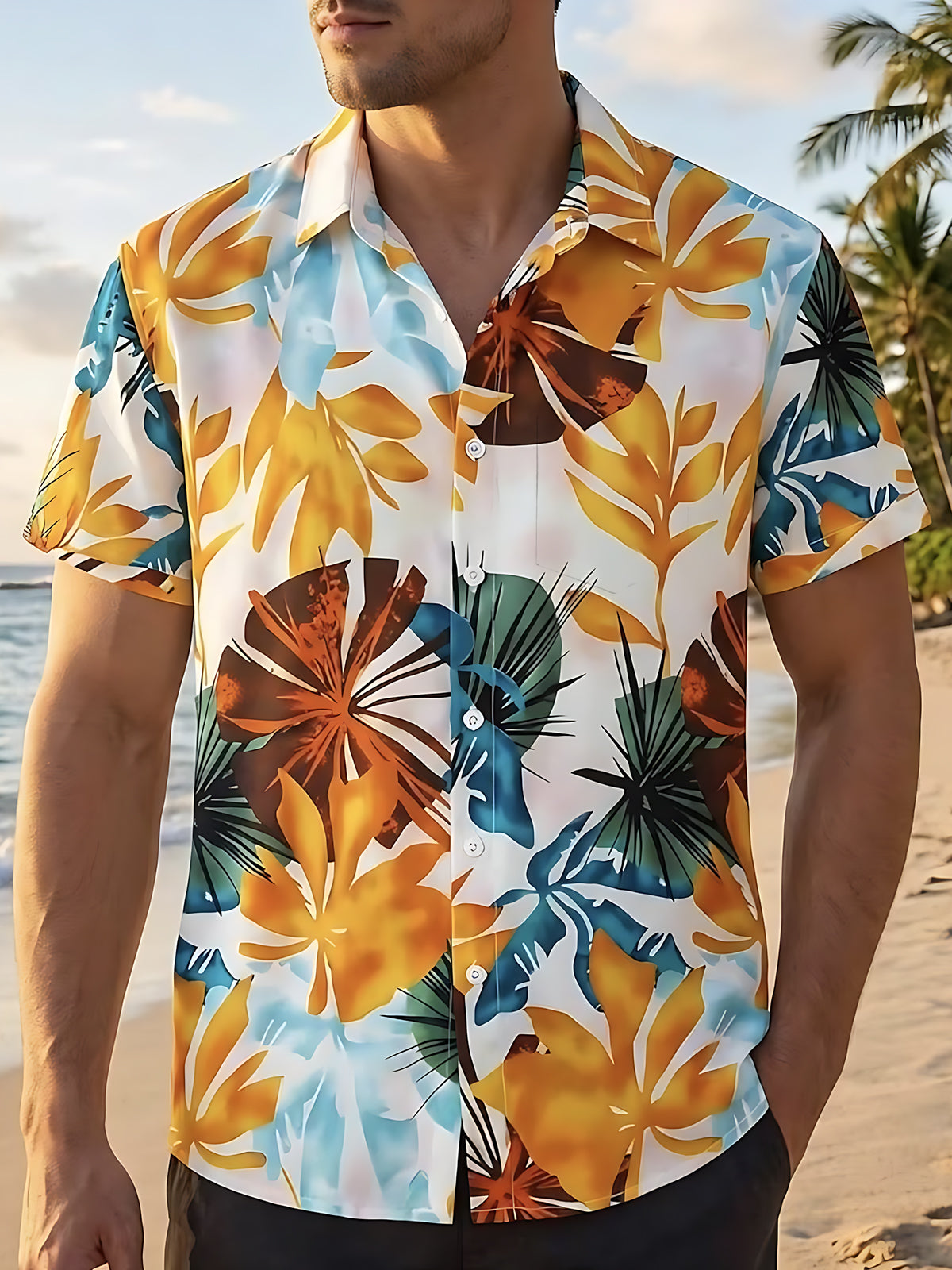 men's Hawaiian shirt front view beach vacation