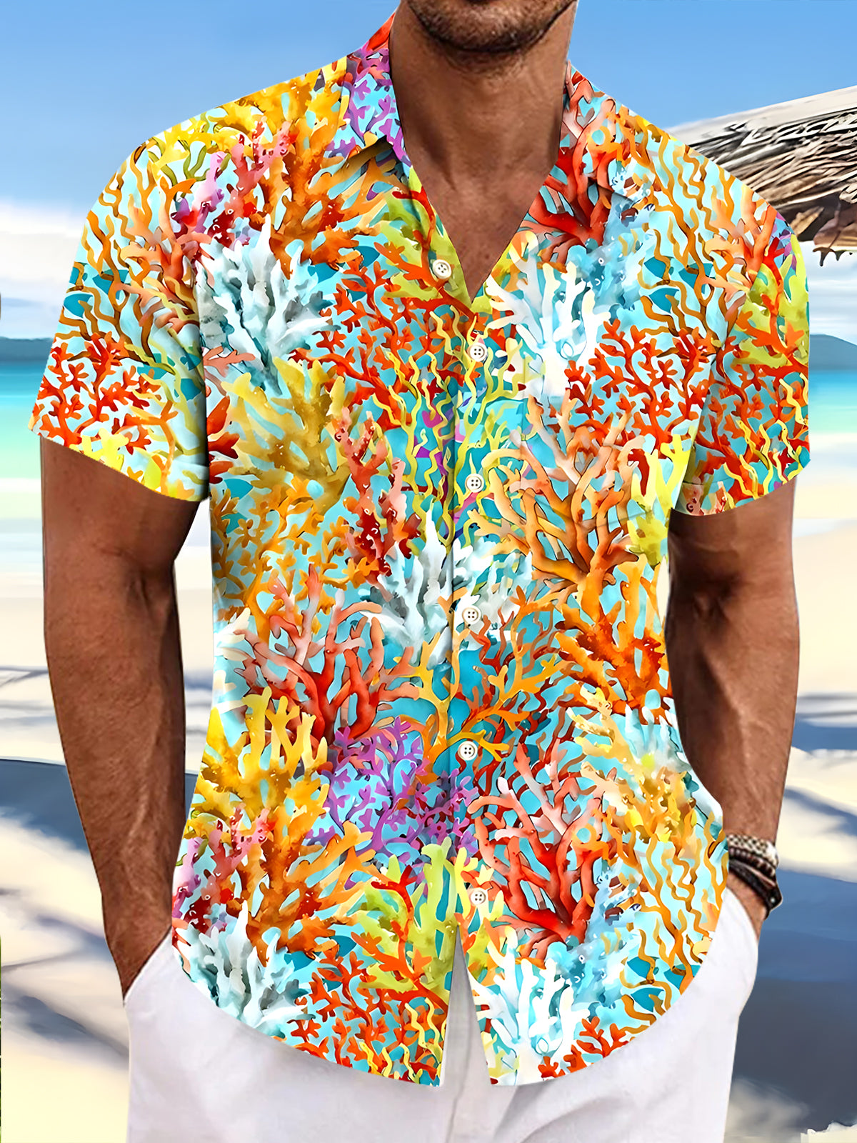 Hawaiian Coral Men's Pocket Short Sleeve Shirts