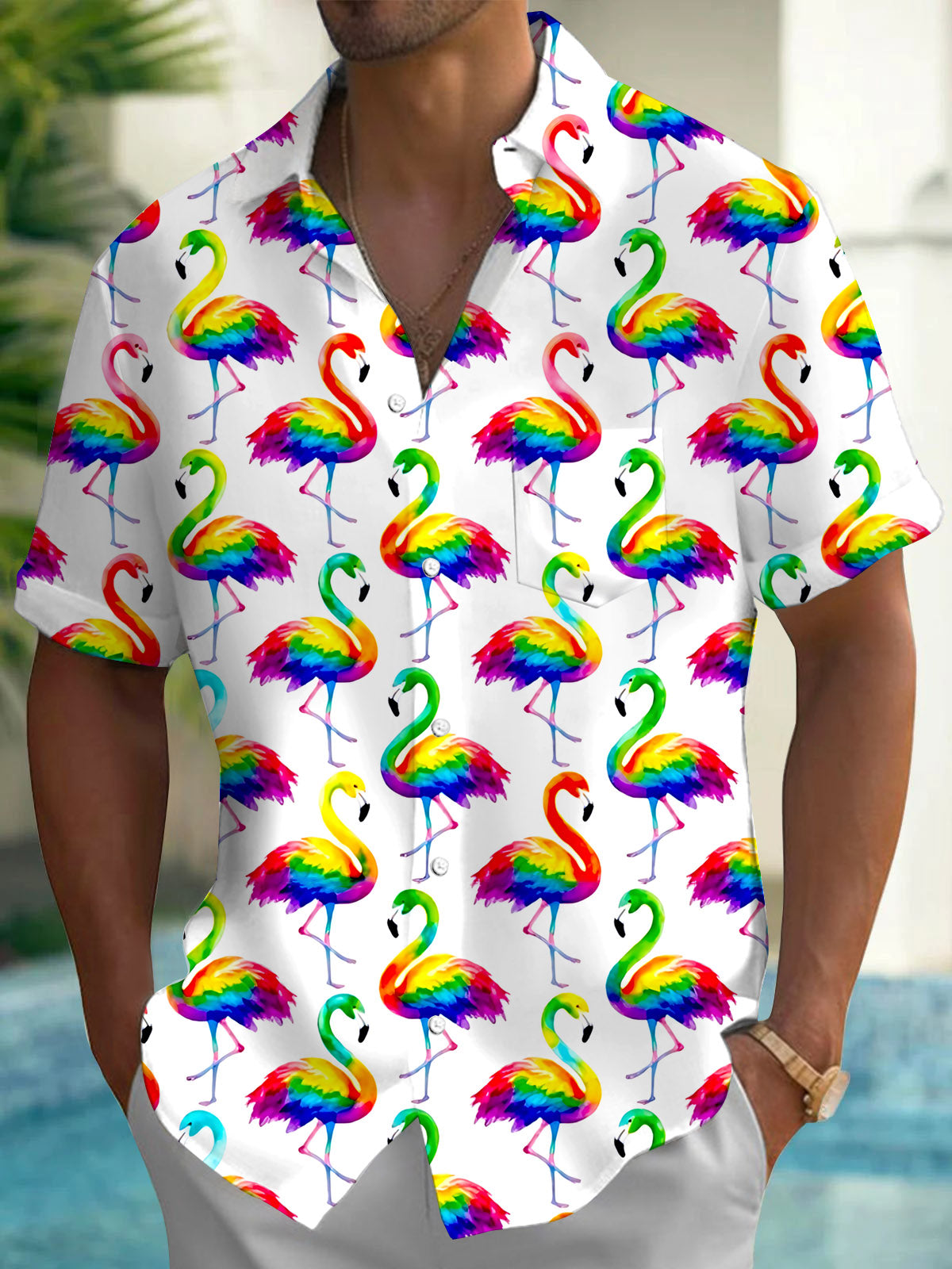 Hawaiian Colorful Flamingo Print Men's Pocket Short Sleeve Shirts
