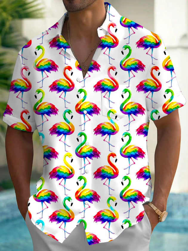 Hawaiian Colorful Flamingo Print Men's Pocket Short Sleeve Shirts