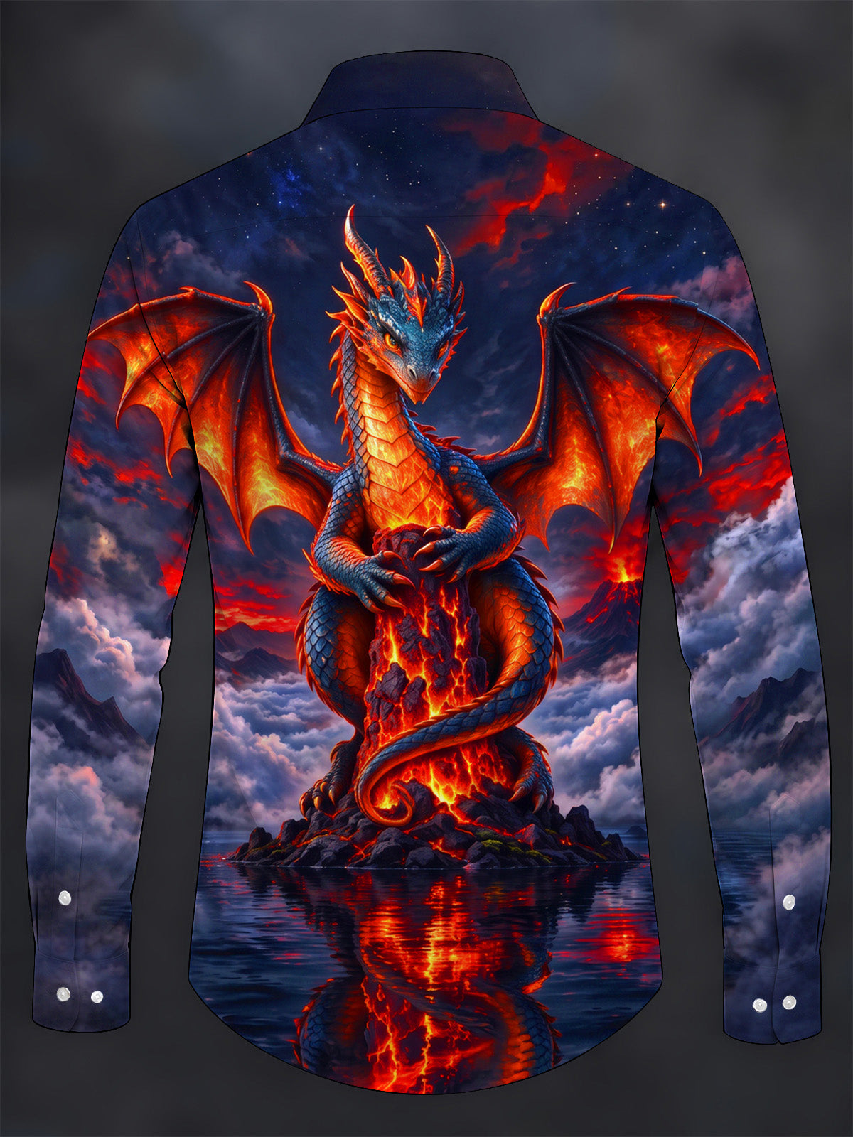 Adaychic Men's Graphic Dragon And Volcano Lava Print Long Sleeve Shirt with Chest Pocket