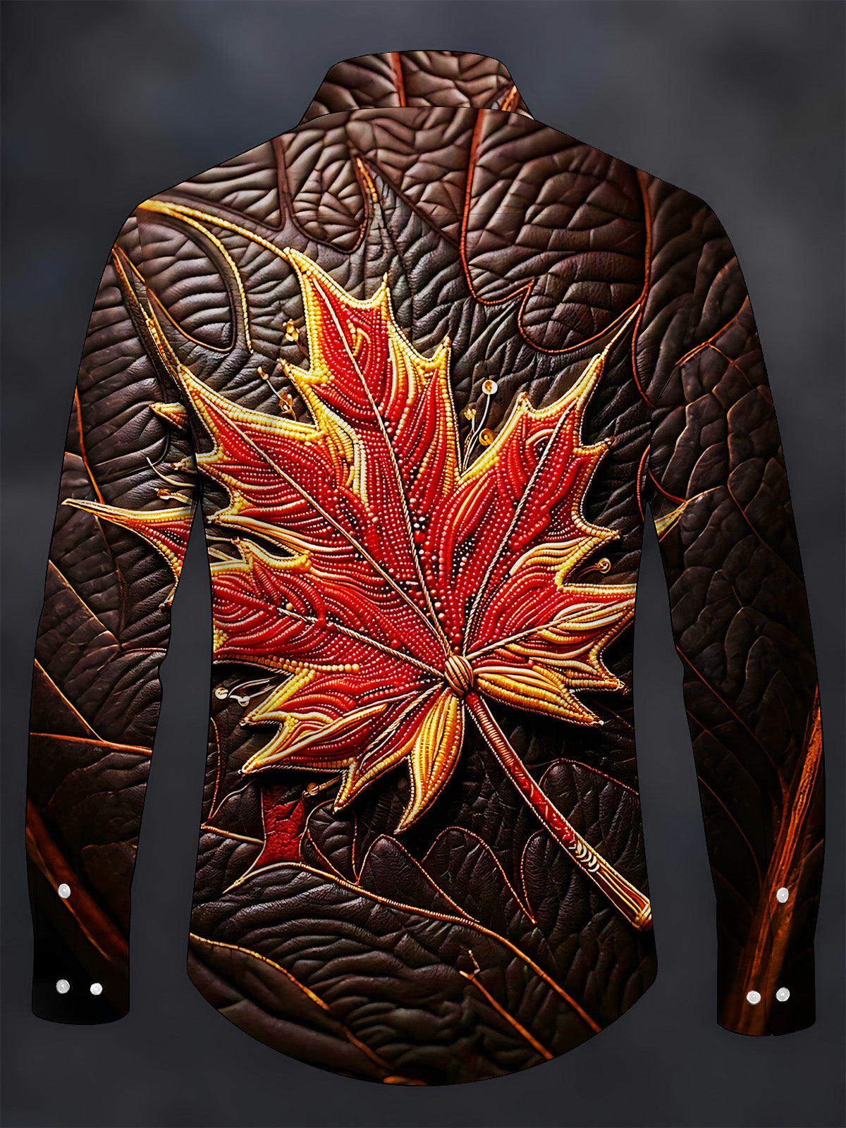 Adaychic Men's Graphic Beaded Flaming Red Maple Leaf Print Long Sleeve Shirt with Chest Pocket