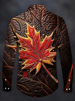 Adaychic Men's Graphic Beaded Flaming Red Maple Leaf Print Long Sleeve Shirt with Chest Pocket