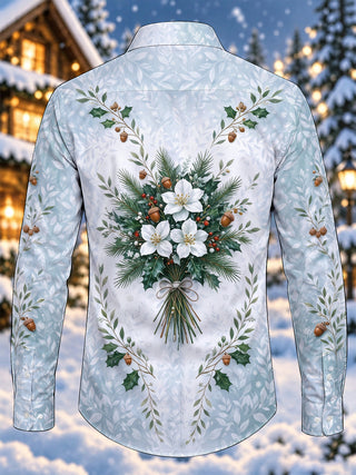 Adaychic Men's Long Sleeve Shirt - Christmas Floral Bouquet With Holly And Acorns Print with Chest Pocket