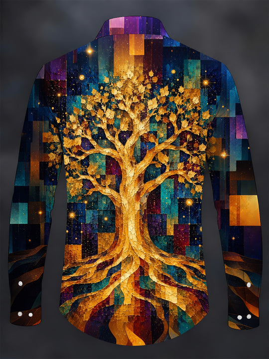 Adaychic Men's Long Sleeve Shirt - Golden Tree Of Life With Geometric Background Print with Chest Pocket
