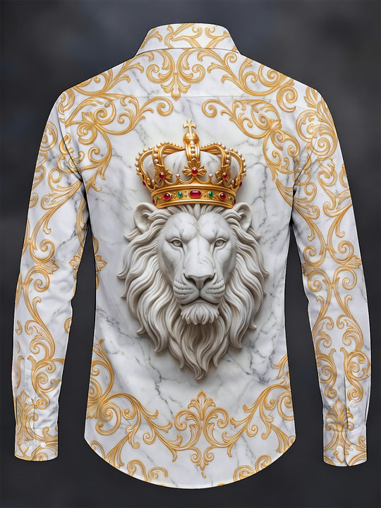 Adaychic Men's Printed Marble Lion With Golden Crown Print Long Sleeve Shirt with Chest Pocket