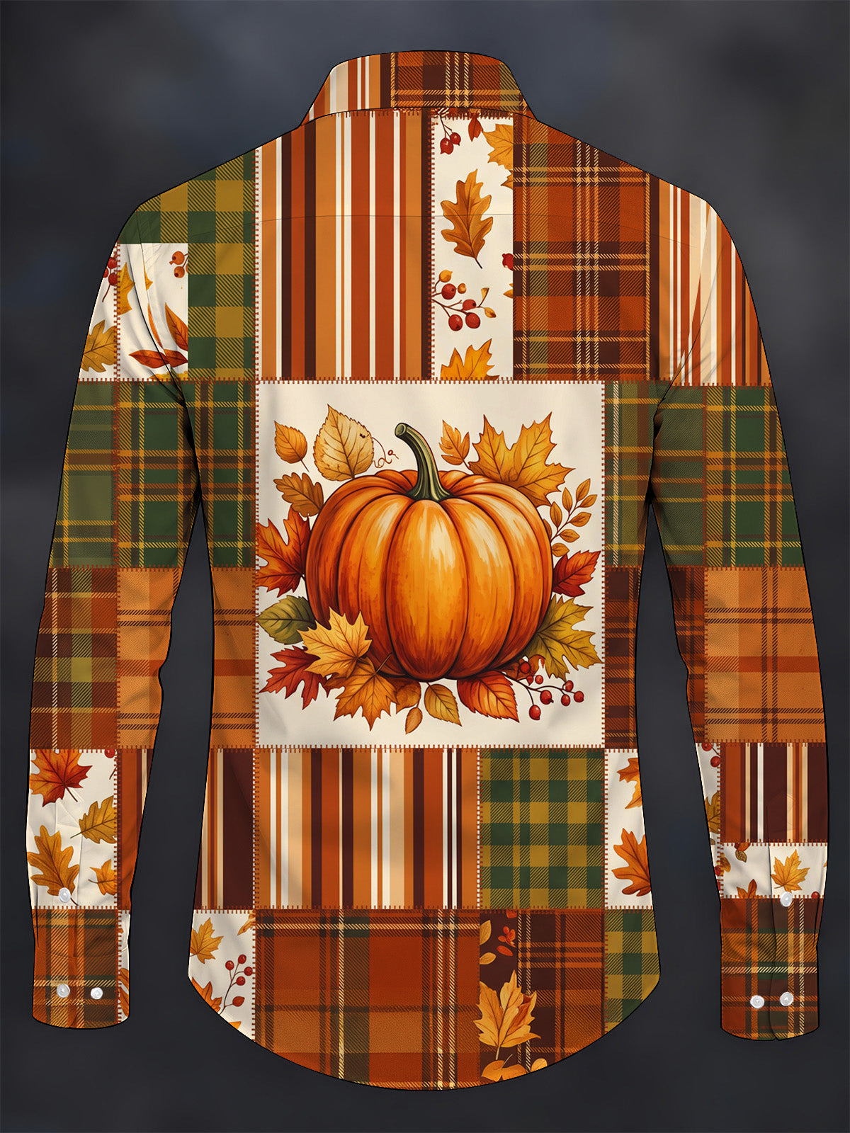 Adaychic Men's Autumn Pumpkin And Autumn Leaves Print Long Sleeve Shirt with Chest Pocket
