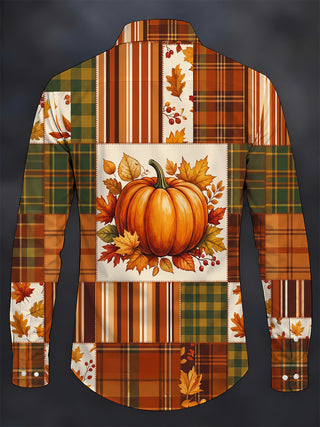 Adaychic Men's Autumn Pumpkin And Autumn Leaves Print Long Sleeve Shirt with Chest Pocket