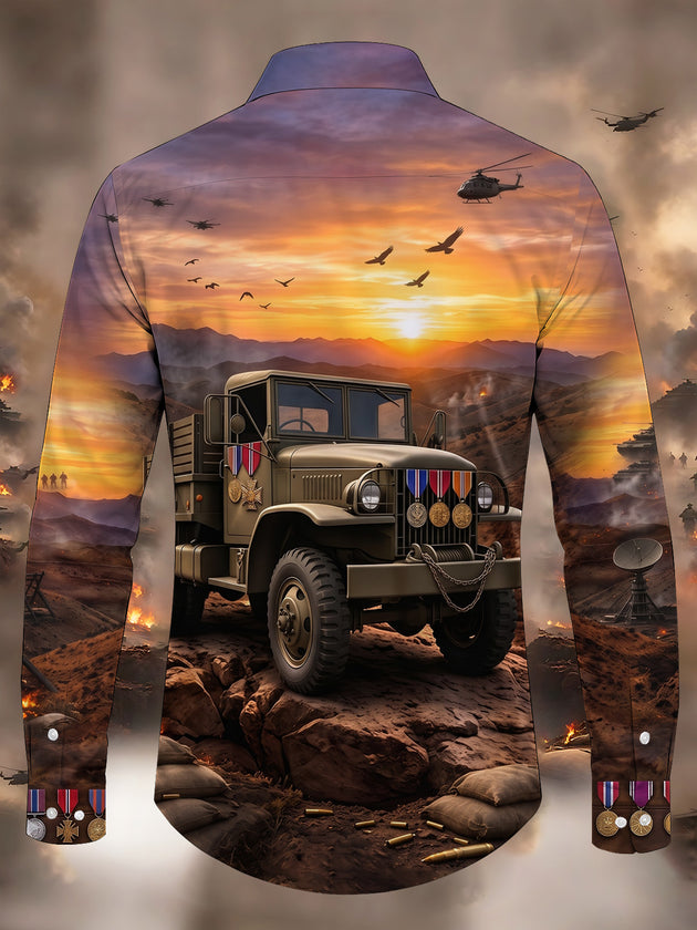 Adaychic Men's Military Truck And Battlefield Sunset Print Long Sleeve Shirt with Chest Pocket