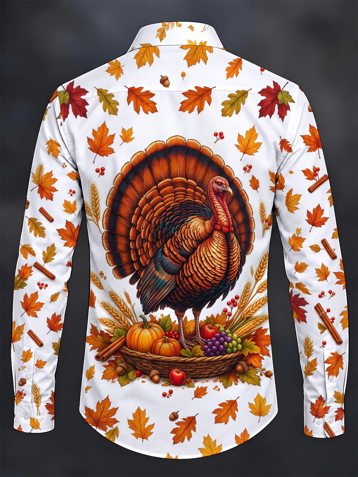 Adaychic Men's Long Sleeve Shirt - Thanksgiving Turkey And Harvest Cornucopia Print with Chest Pocket