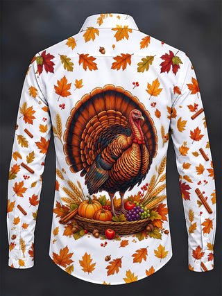Adaychic Men's Long Sleeve Shirt - Thanksgiving Turkey And Harvest Cornucopia Print with Chest Pocket