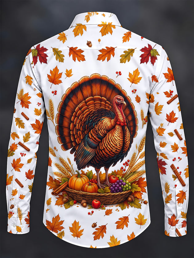 Adaychic Men's Long Sleeve Shirt - Thanksgiving Turkey And Harvest Cornucopia Print with Chest Pocket
