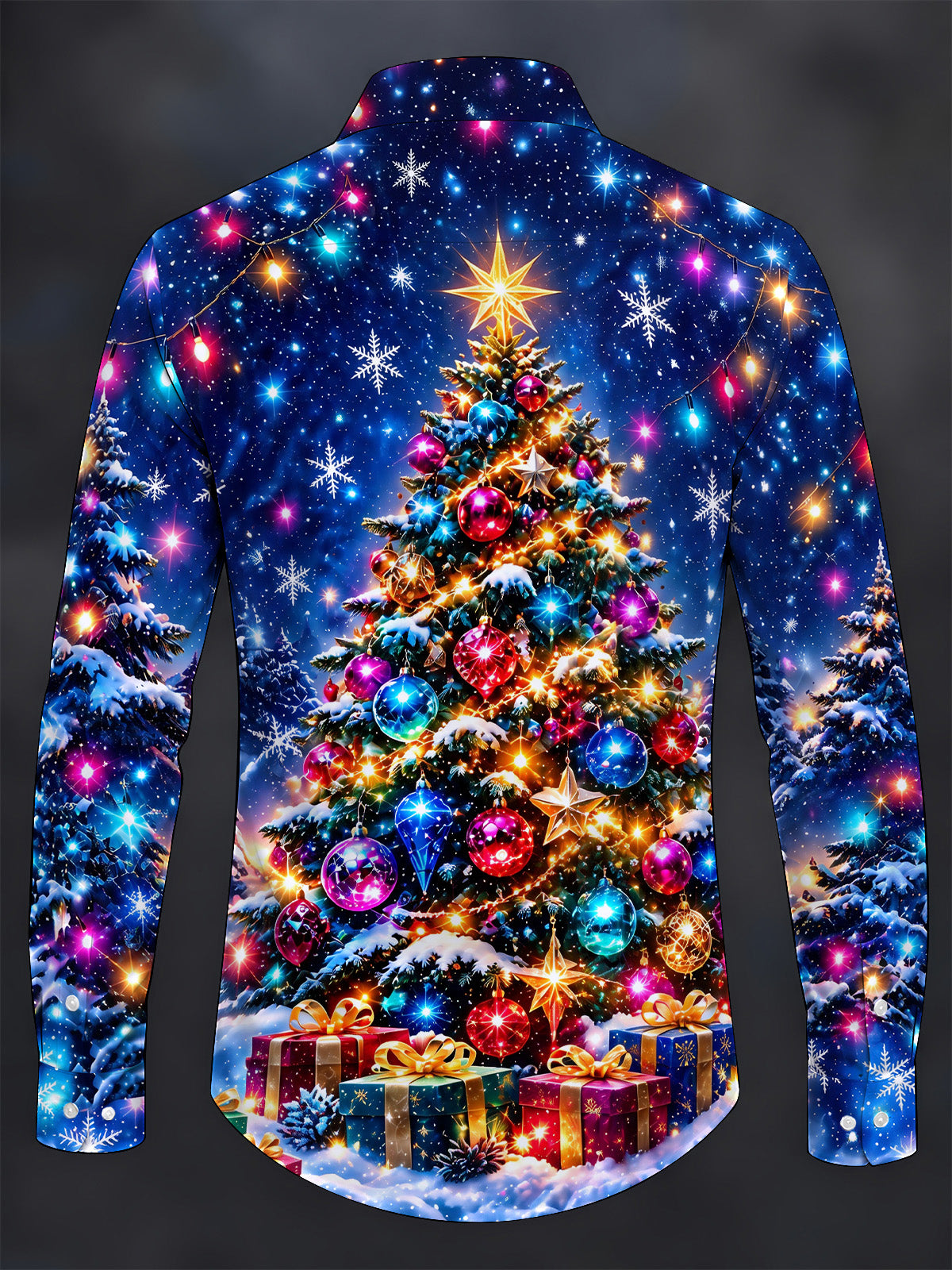 Adaychic Men's Christmas Tree With Ornaments And Gifts Print Long Sleeve Shirt with Chest Pocket