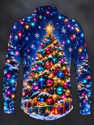 Adaychic Men's Christmas Tree With Ornaments And Gifts Print Long Sleeve Shirt with Chest Pocket