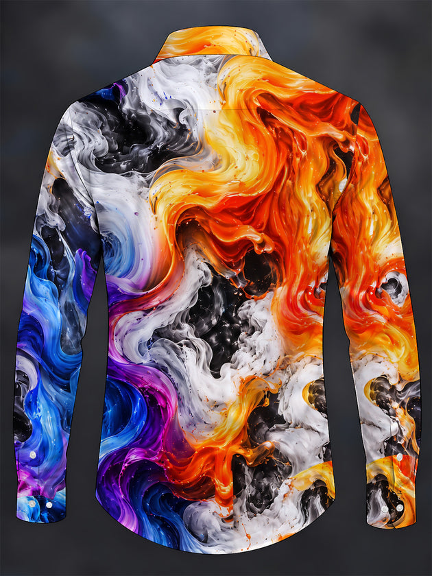 Adaychic Men's Printed Abstract Swirling Fluid Colors Print Long Sleeve Shirt with Chest Pocket