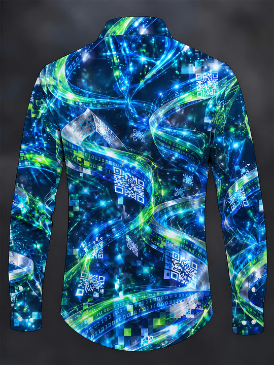 Adaychic Men's Abstract Digital Code And QR Codes Print Long Sleeve Shirt with Chest Pocket