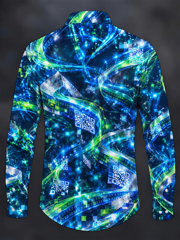 Adaychic Men's Abstract Digital Code And QR Codes Print Long Sleeve Shirt with Chest Pocket