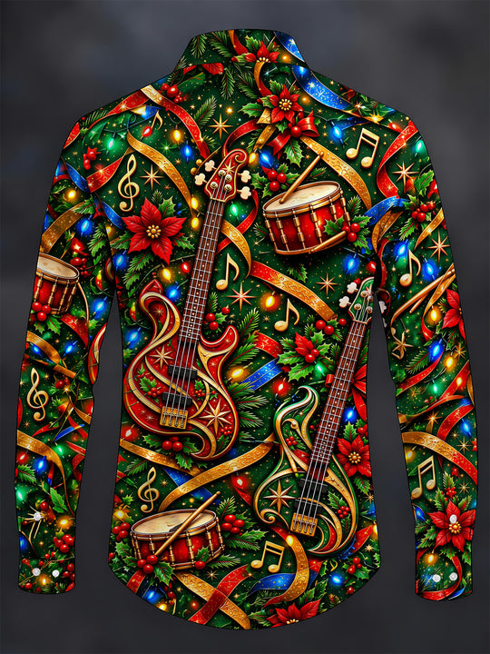 Adaychic Men's Long Sleeve Shirt - Bass Guitars And Drums With Christmas Motifs Print with Chest Pocket