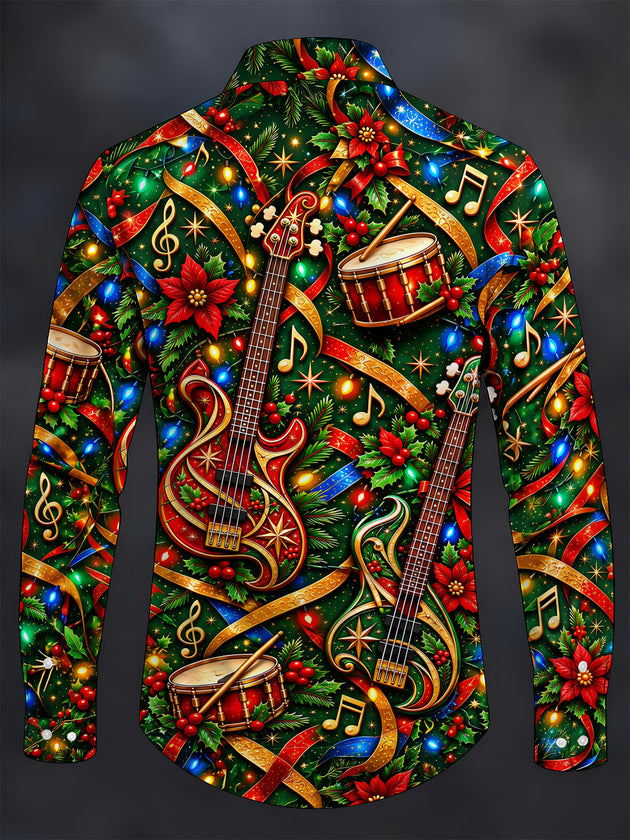 Adaychic Men's Long Sleeve Shirt - Bass Guitars And Drums With Christmas Motifs Print with Chest Pocket