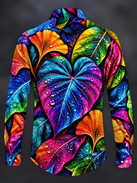 Adaychic Men's Neon Colorful Leaves With Water Droplets Print Long Sleeve Shirt with Chest Pocket