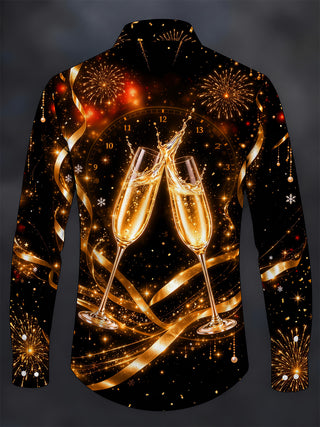 Adaychic Men's New Year Champagne Glasses And Clock Print Long Sleeve Shirt with Chest Pocket