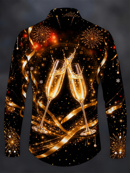Adaychic Men's New Year Champagne Glasses And Clock Print Long Sleeve Shirt with Chest Pocket