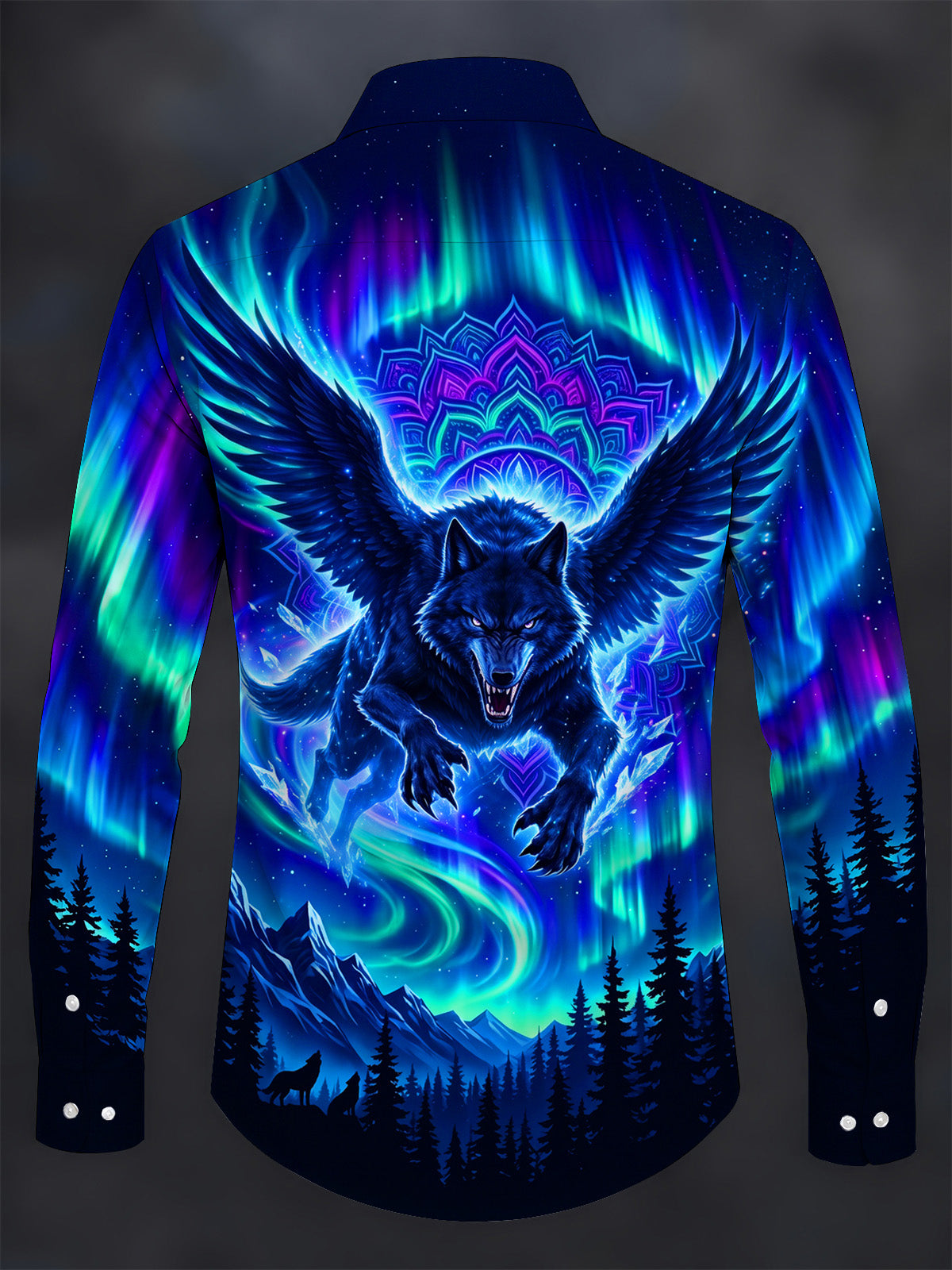 Adaychic Men's Winged Wolf With Mandala Print Long Sleeve Shirt with Chest Pocket