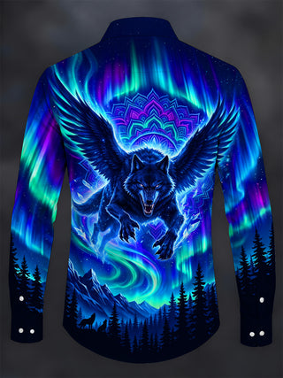 Adaychic Men's Winged Wolf With Mandala Print Long Sleeve Shirt with Chest Pocket