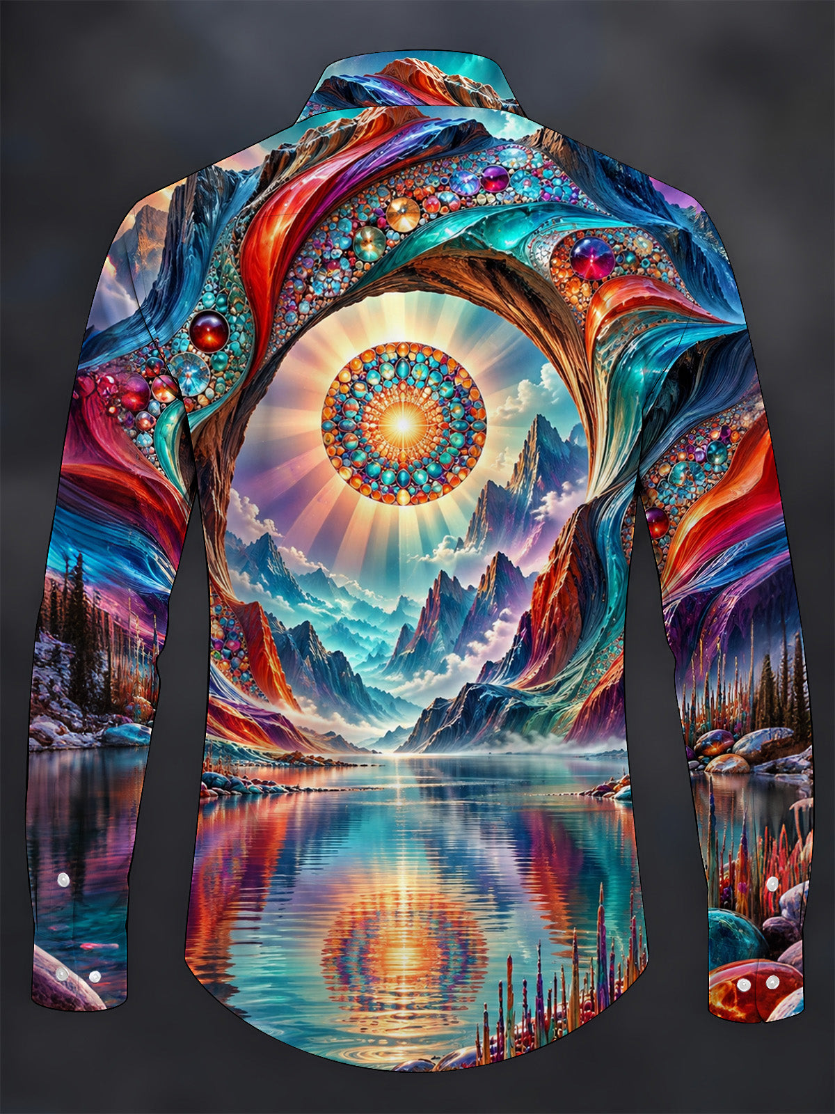 Adaychic Men's Long Sleeve Shirt - Psychedelic Mountain Lake Landscape With Mandala Sun Print with Chest Pocket