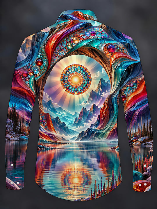 Adaychic Men's Long Sleeve Shirt - Psychedelic Mountain Lake Landscape With Mandala Sun Print with Chest Pocket