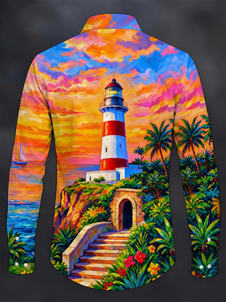 Adaychic Men's Coastal Lighthouse Sunset Seascape Print Long Sleeve Shirt with Chest Pocket
