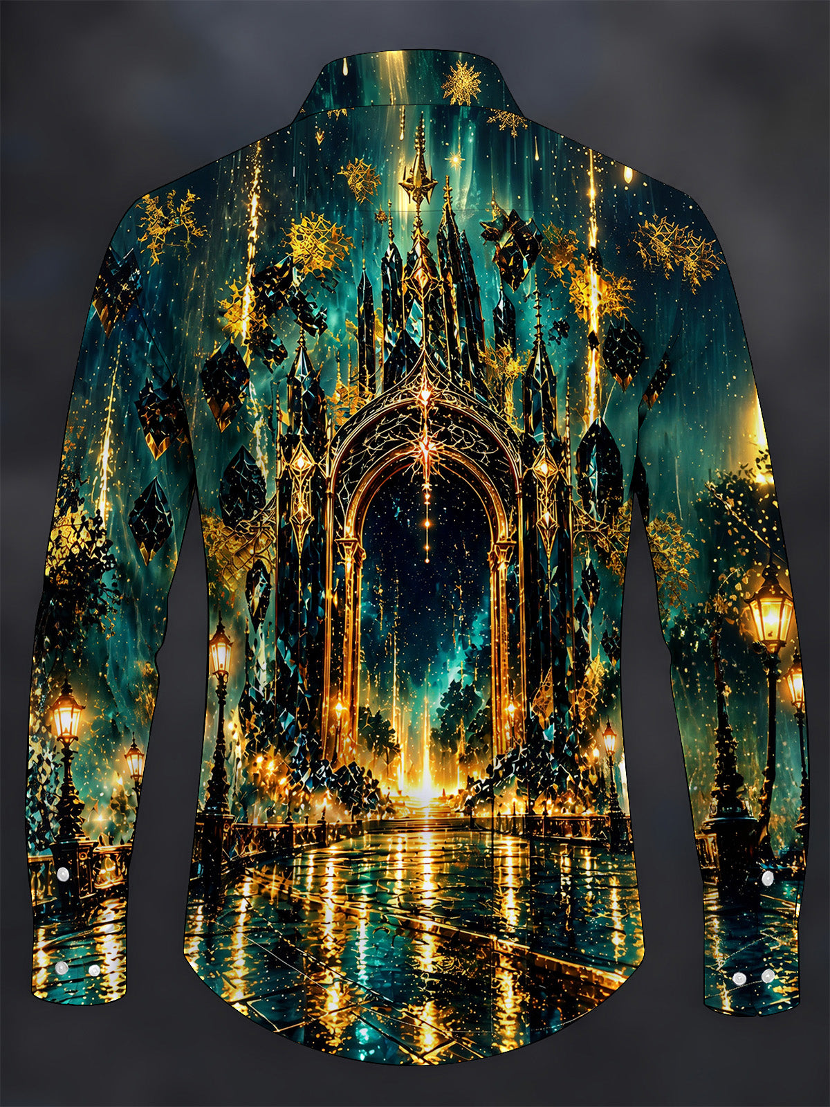 Adaychic Men's Gothic Castle Architecture And Night Sky Print Long Sleeve Shirt with Chest Pocket