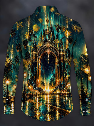 Adaychic Men's Gothic Castle Architecture And Night Sky Print Long Sleeve Shirt with Chest Pocket