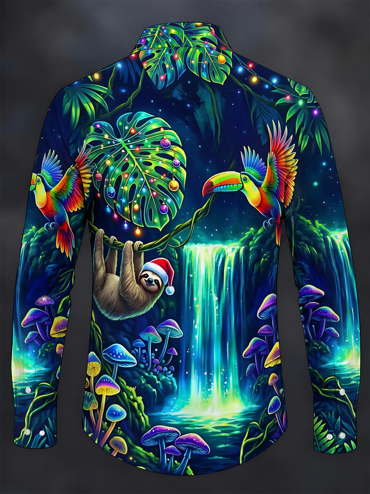 Adaychic Men's Graphic Christmas Sloth And Toucans Print Long Sleeve Shirt with Chest Pocket
