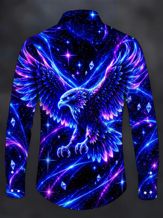 Adaychic Men's Neon Eagle With Galaxy Background Print Long Sleeve Shirt with Chest Pocket