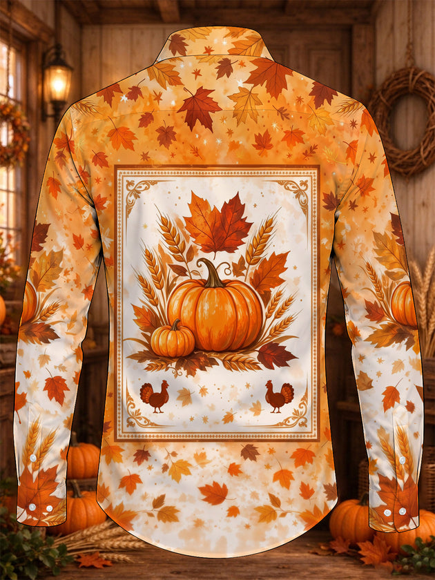Adaychic Men's Long Sleeve Shirt - Thanksgiving Pumpkins Turkeys And Autumn Leaves Print with Chest Pocket