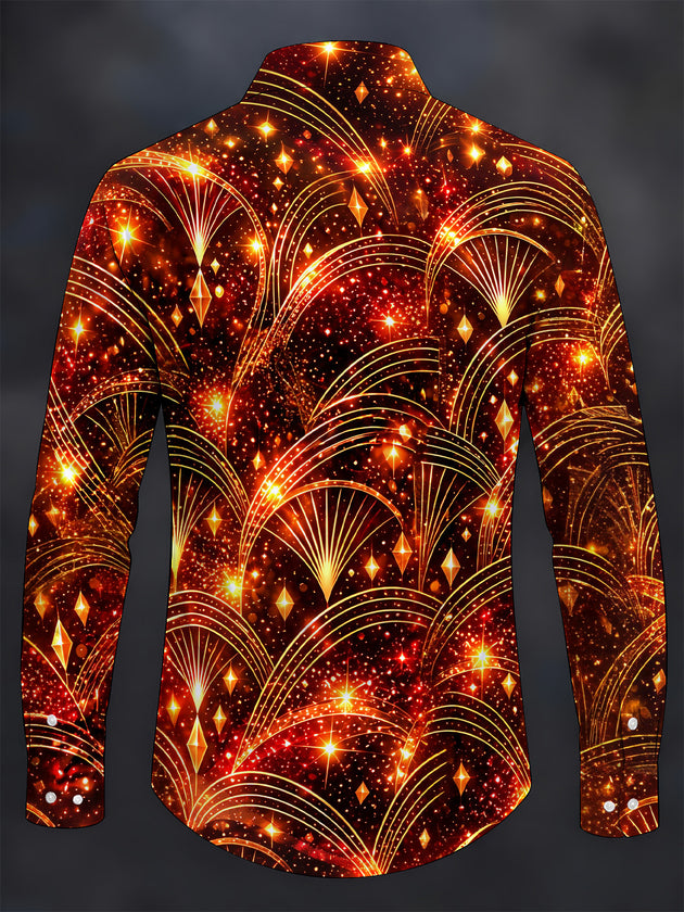 Adaychic Men's Long Sleeve Shirt - Art Deco Geometric Fan Patterns And Sparkles Print with Chest Pocket
