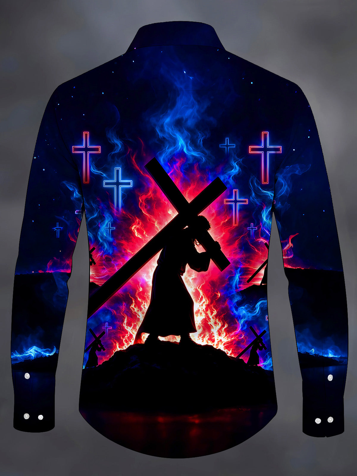 Adaychic Men's Long Sleeve Shirt - Silhouette Of Jesus Carrying The Cross With Neon Crosses Print with Chest Pocket