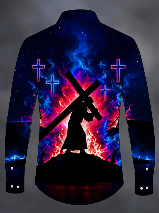 Adaychic Men's Long Sleeve Shirt - Silhouette Of Jesus Carrying The Cross With Neon Crosses Print with Chest Pocket