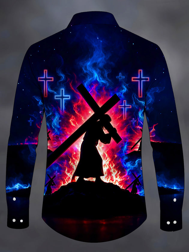 Adaychic Men's Long Sleeve Shirt - Silhouette Of Jesus Carrying The Cross With Neon Crosses Print with Chest Pocket