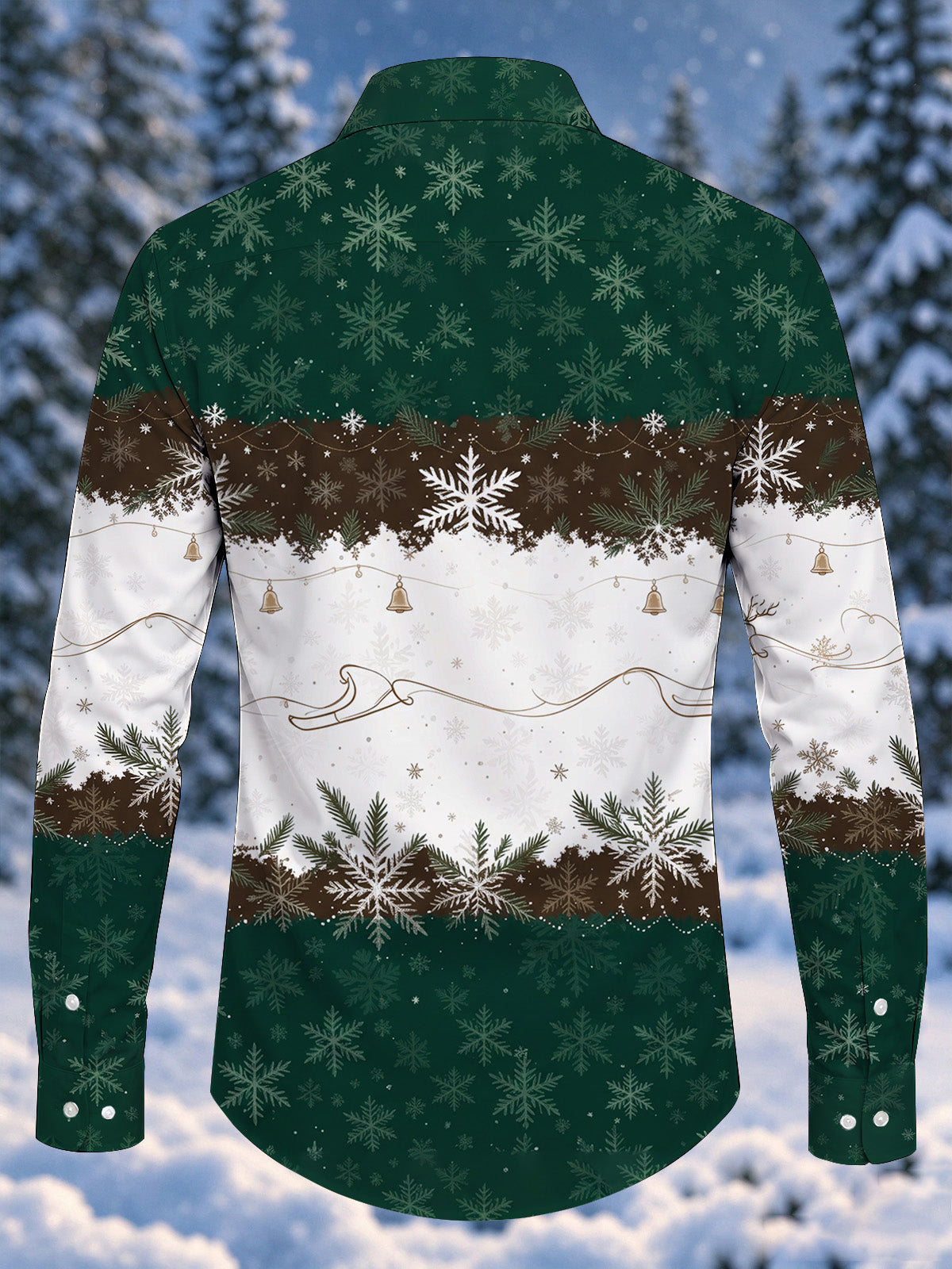 Adaychic Men's Christmas Snowflakes And Pine Branches Print Long Sleeve Shirt with Chest Pocket