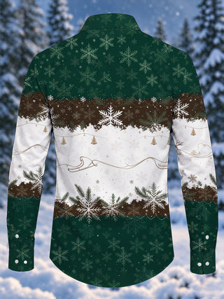 Adaychic Men's Christmas Snowflakes And Pine Branches Print Long Sleeve Shirt with Chest Pocket