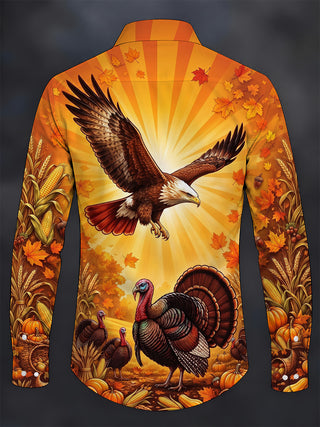 Adaychic Men's Thanksgiving Bald Eagle And Turkeys Print Long Sleeve Shirt with Chest Pocket