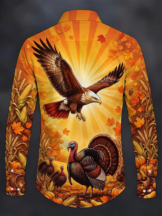 Adaychic Men's Thanksgiving Bald Eagle And Turkeys Print Long Sleeve Shirt with Chest Pocket