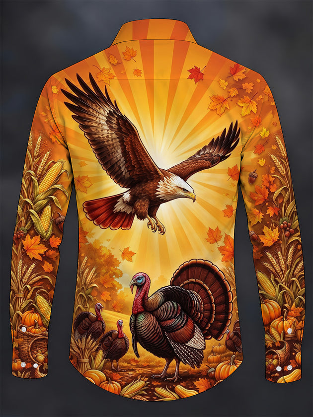 Adaychic Men's Thanksgiving Bald Eagle And Turkeys Print Long Sleeve Shirt with Chest Pocket